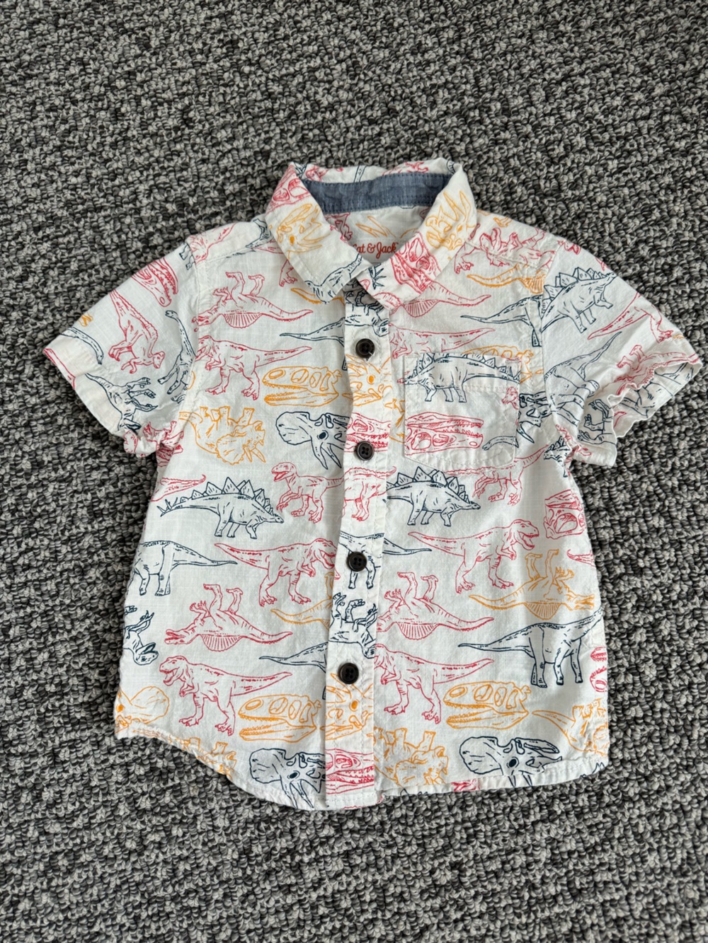 Cat & Jack White Short-Sleeve Dino Button-Up Shirt with Red, Blue, Yellow Prints